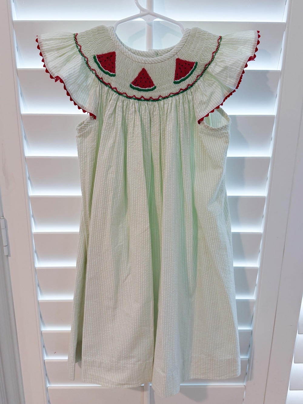 Classic Whimsy Green Seersucker Smocked Watermelon Flutter Sleeve Dress, Size 4